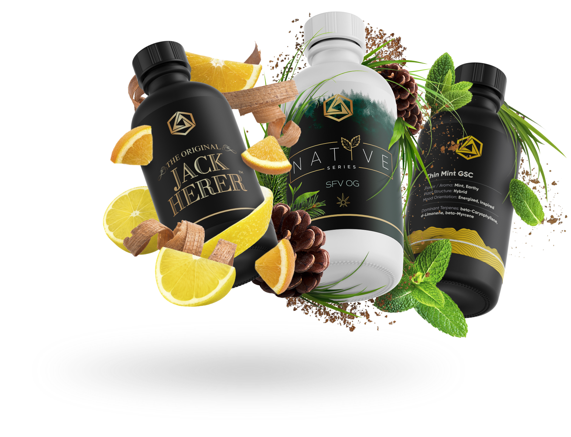 A product render of three botanical terpene profiles